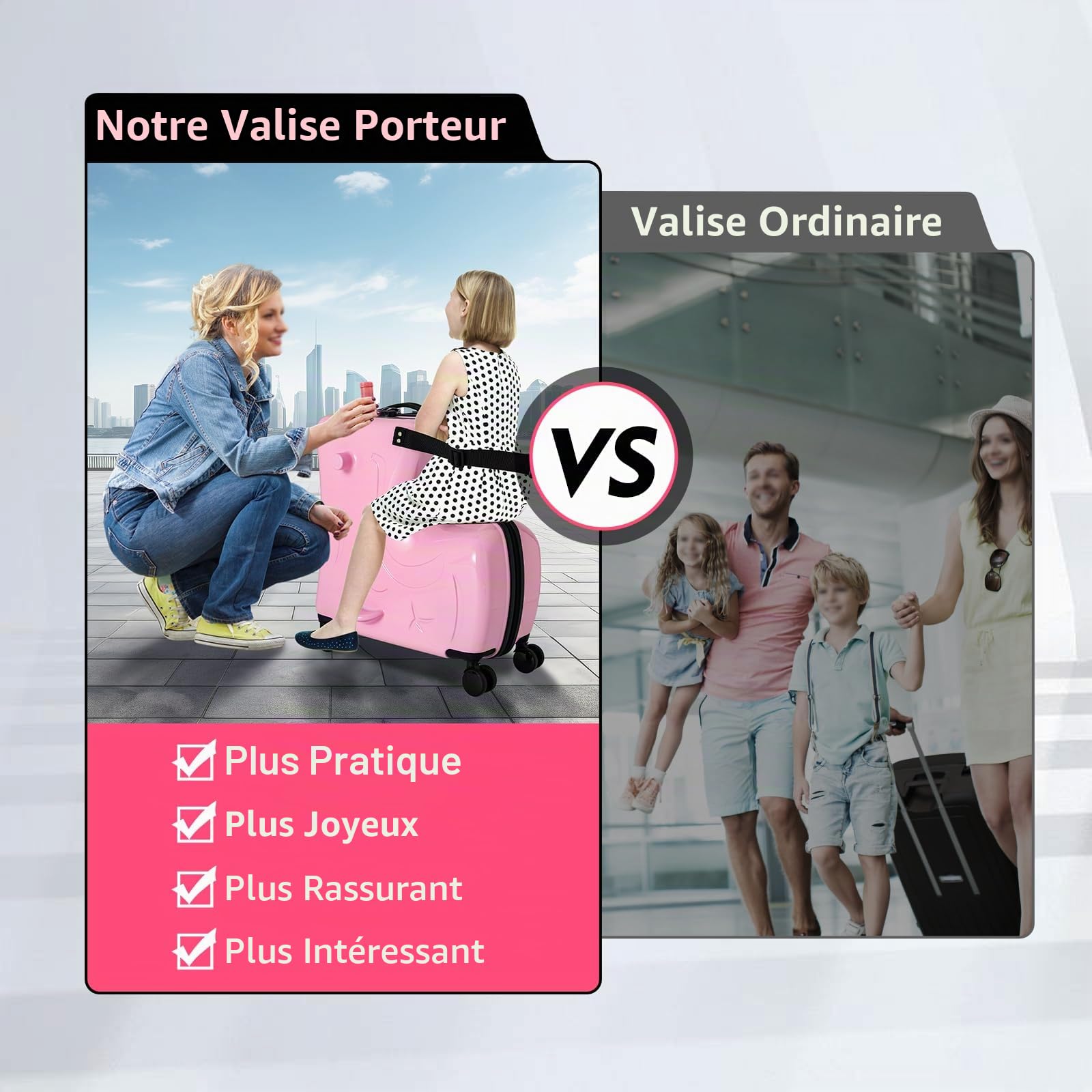 Kids Ride On Suitcase, valise pour enfant avec roulettes, valise pour enfant pour s'asseoir dessus – Particulièrement sûr grâce à la sangle et aux poignées – Chariot pour enfant avec