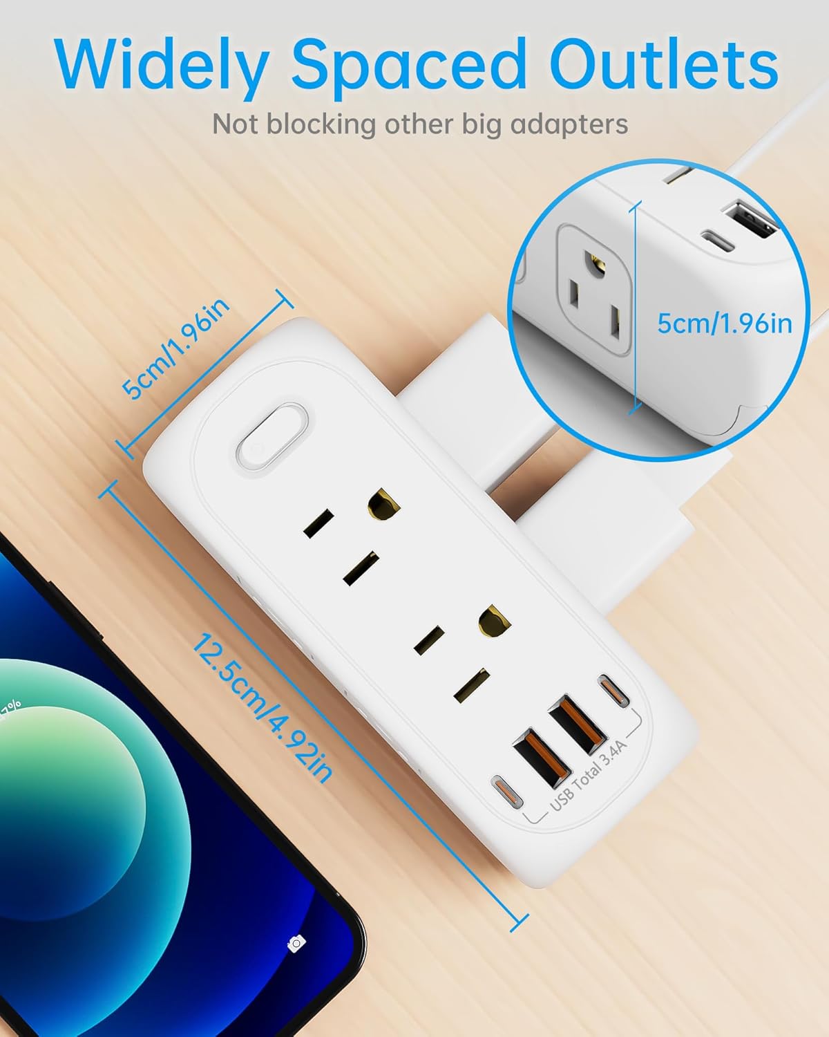 USB Outlet Extender Surge Protector - with Rotating Plug, 6 AC Multi Plug and 4 USB Ports(2 USB C),15A 1875W, 3-Sided Swivel Power Strip Spaced Splitter for Home, Office, Travel