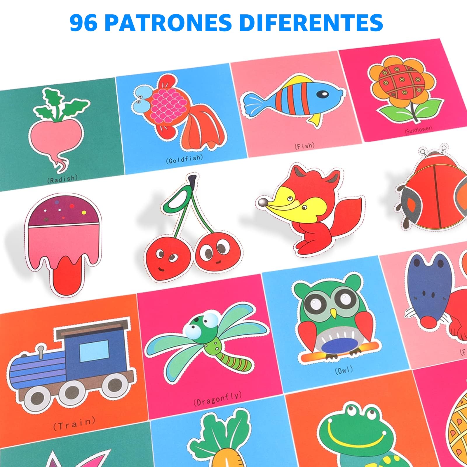 Juego de corte de papel para niños, 2 unidades de tijeras de plástico de seguridad para niños, con 96 hojas de papel con frutas de animales, tijeras para manualidades, tijeras de papel, habilidades