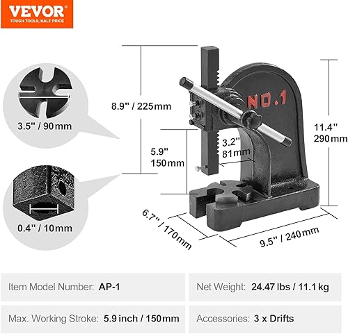 Miniatura 7 de VEVOR Prensa de árbol manual de 1 tonelada, altura máxima de 5.9 pulgadas, prensa manual de escritorio de hierro fundido resistente, prensa manual