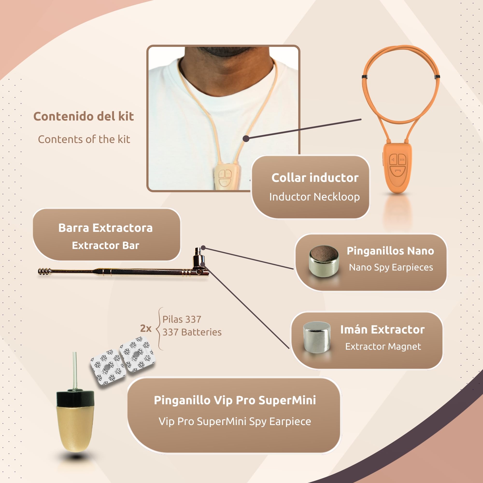 PingaOculto Pinganillo Bluetooth Movil Oculto (Imán V4 + VIP Pro Supermini) | 2 auriculares espía (Imán y Vip Pro SuperMini), Micrófono integrado, Botón multifunción, Llamadas y grabaciones, Función SOS