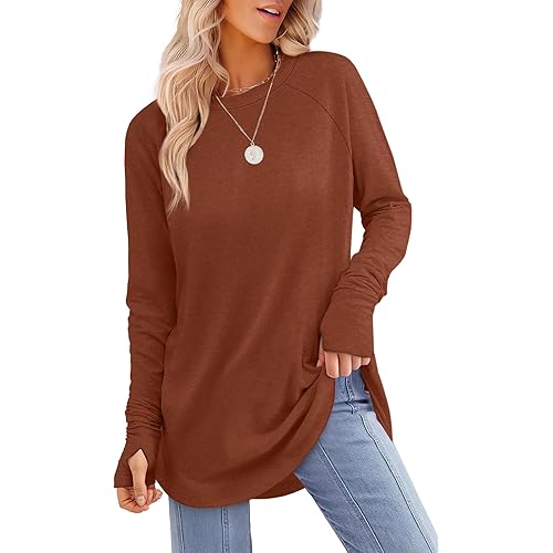 XIEERDUO Womens Tunic Tops to Wear with Leggings Long Sleeve Thumb Hole Shirts Crew Neck Curved Hem