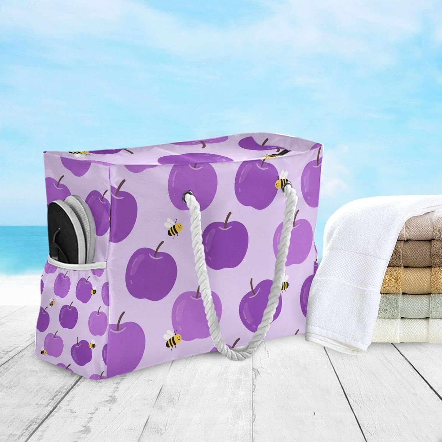 OTVEE Purple Apples Pattern Beach Bags for Women Ladies Large Canvas Tote Shoulder Bag Waterproof Travel Bags for Gym Swim Pool Camping