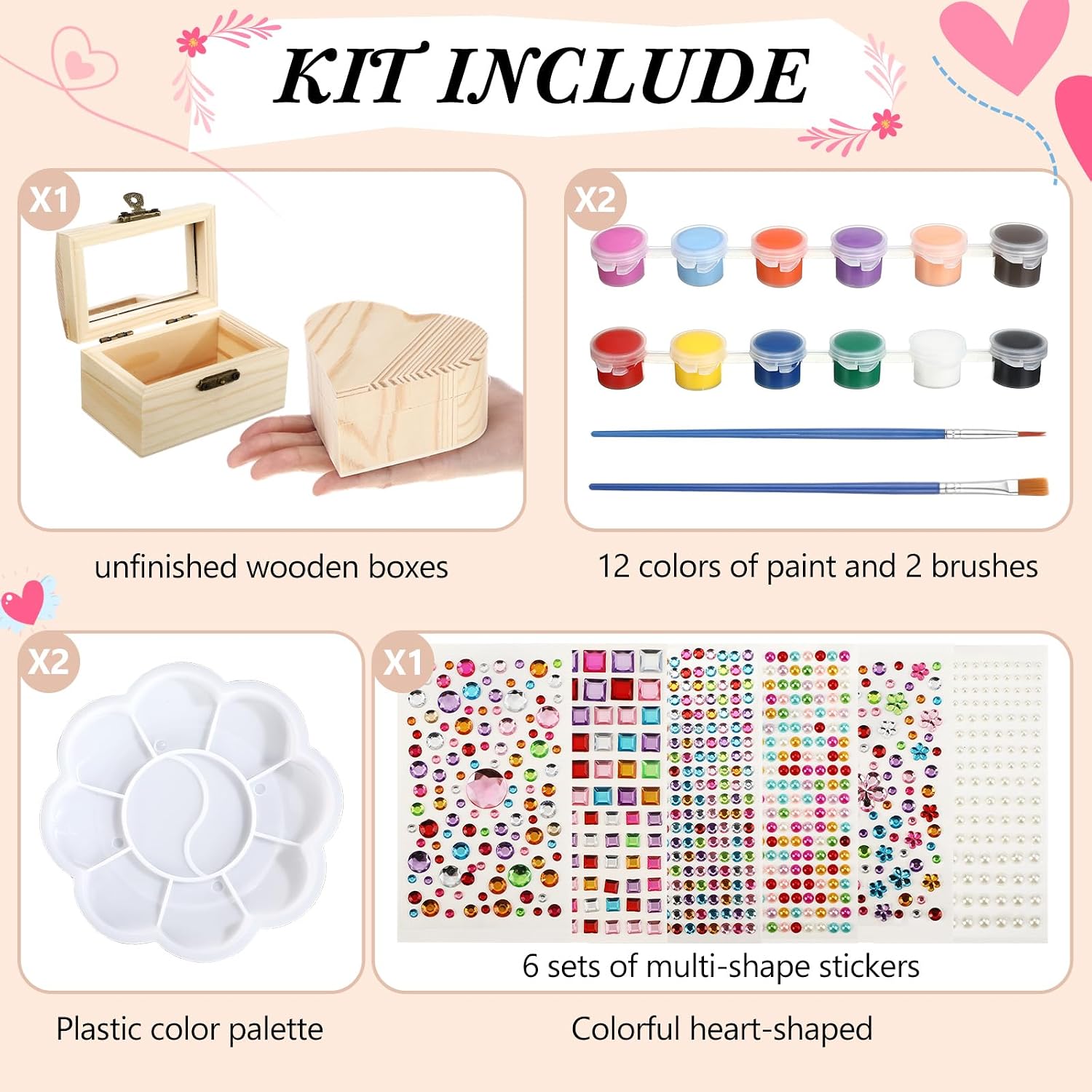 Kigley 2 Pack Paint Your Own Wooden Jewelry Box DIY Crafts Kits Heart Treasure Box Kit Unfinished Arts and Craft for Ages 3-12 Year Old Girls Boys Birthday Gifts Valentines Mother's Day Favors
