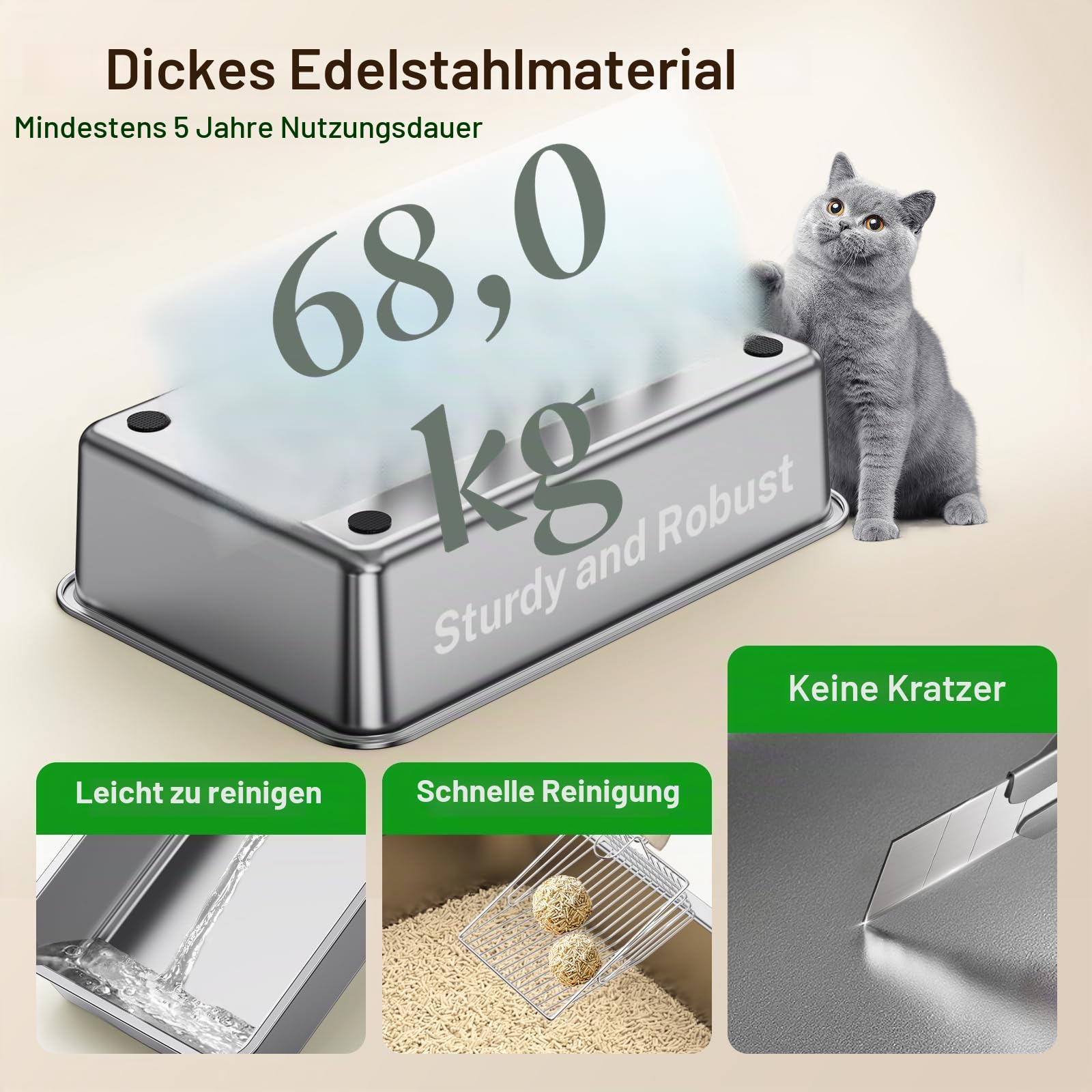 PKBD XXL Katzenklo Edelstahl, 60x40x30cm, 32L mit Abnehmbarer Abdeckung und Auslaufsicherer Hoher Rand, Offenes Katzenklo mit XL-Matte, Metallschaufel und Filterpedal, Leicht zu Reinigen