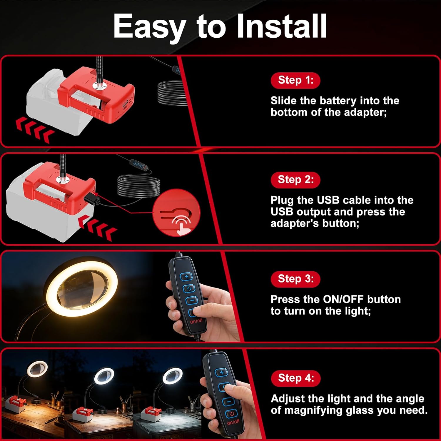 8X Magnifying Glass with Light and Battery Adapter for Milwaukee 18V m-18 Li-ion Battery, 72 LED 3 Color Modes Desk Lamp, Hands Free Flexible Gooseneck Magnifier for Close Works Crafts Hobby Tool Room