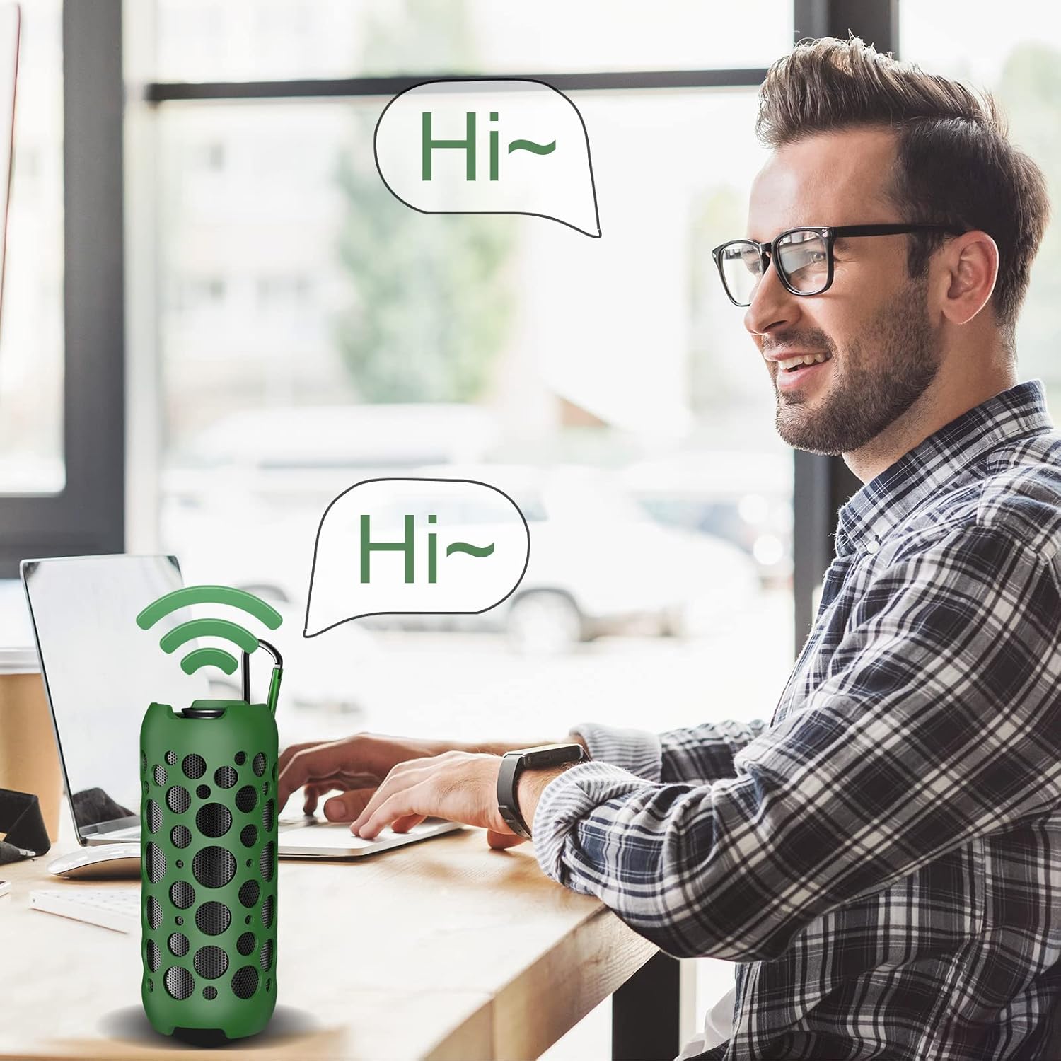 A person interacting with the KINGSTAR K045 speaker using voice commands