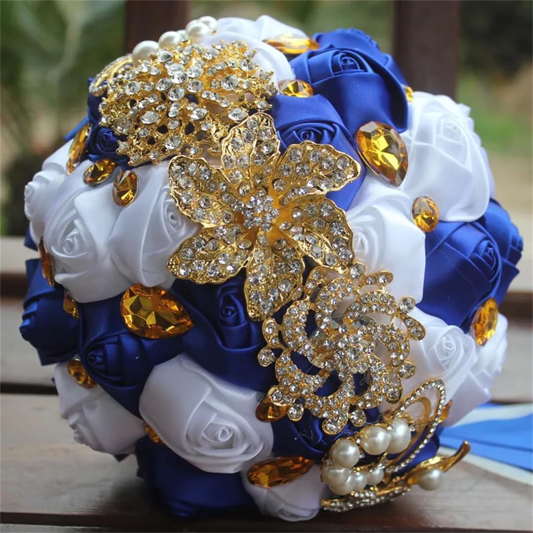 HJRegaFimu Gold Brooch Bridal Hand Holding Flower Bouquets White Crystal Solid Silk Bridesmaid Wedding Bouquet Diameter 15cm
