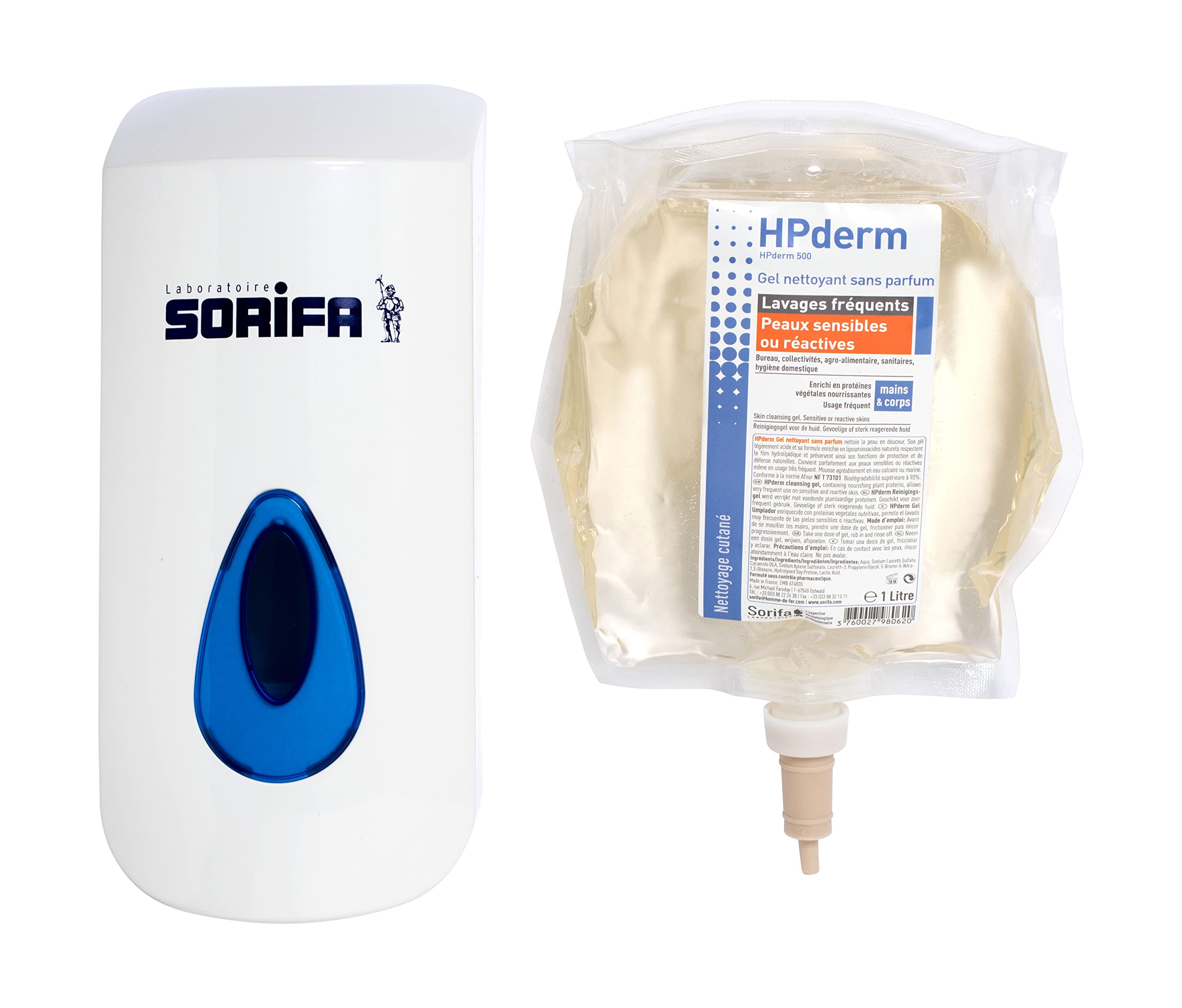 1 x SORIBAG Spender + 1 x Beutel 800 ml HPderm Reinigungsgel ohne Parfüm - häufige Waschgänge - empfindliche oder reaktive Haut - Hände und Körper - pH-neutral, ohne Seife