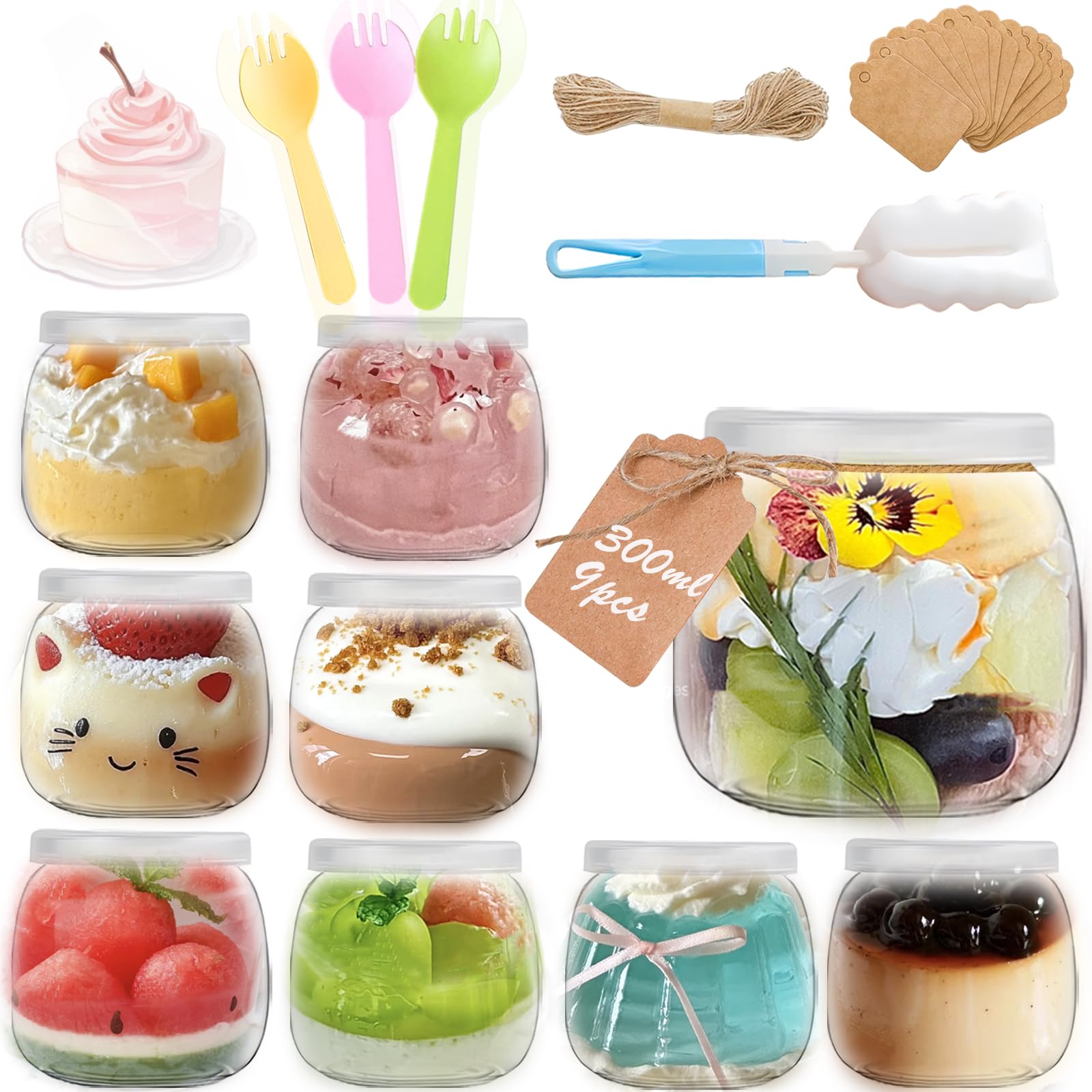 Rliocvhe 300 ml Tarros de Yogur Transparentes con Tapa 9 Piezas, Recipientes de vidrio para pudín y yogur,tarros de Cristal pequeños con tapas para conservas, mermeladas, jaleas, miel, postres
