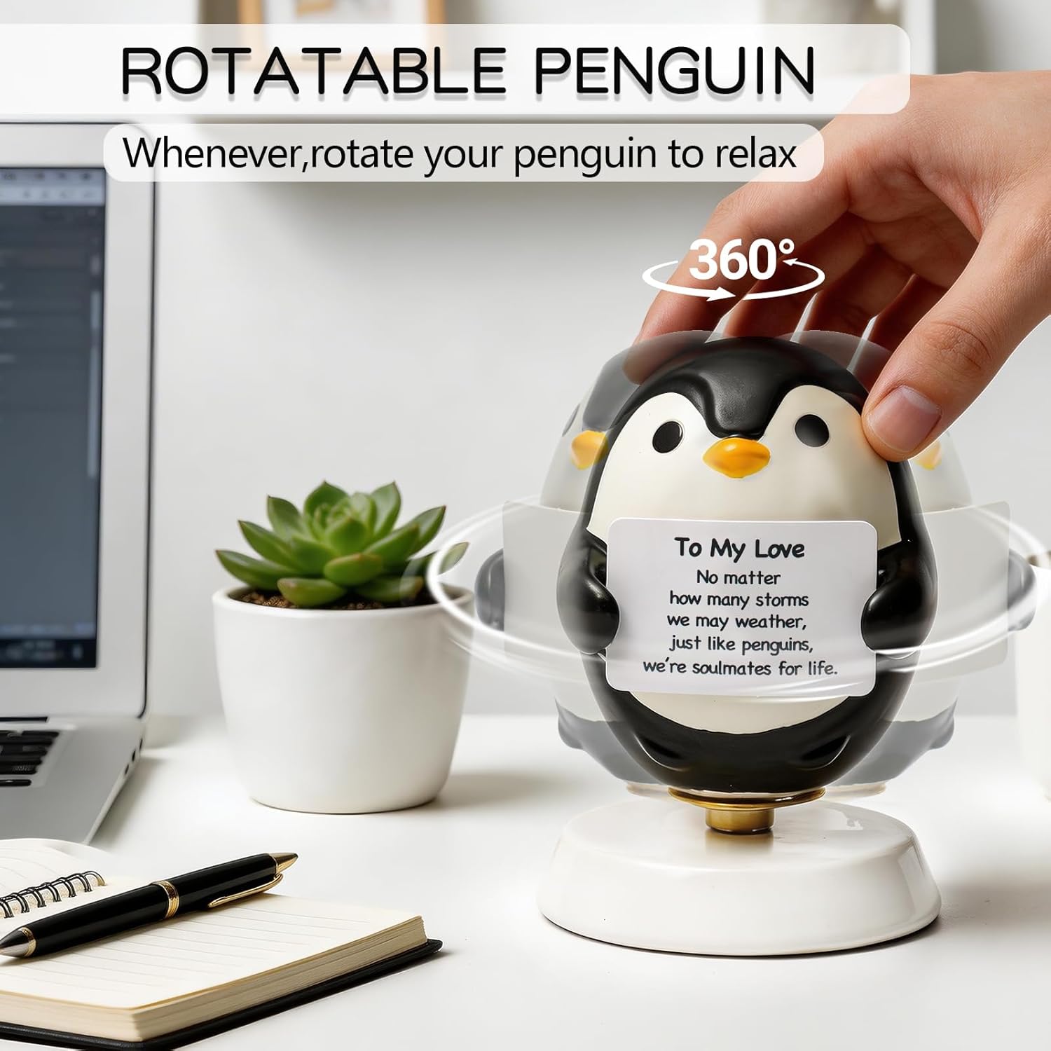Penguin Gifts, for Men Women,Rotating Ceramic Penguin Figurine with to My Love/Wife/Husband’ Cards,Gifts for Him/Her,Birthday Gifts for Wife Husband Couples Desk Decor