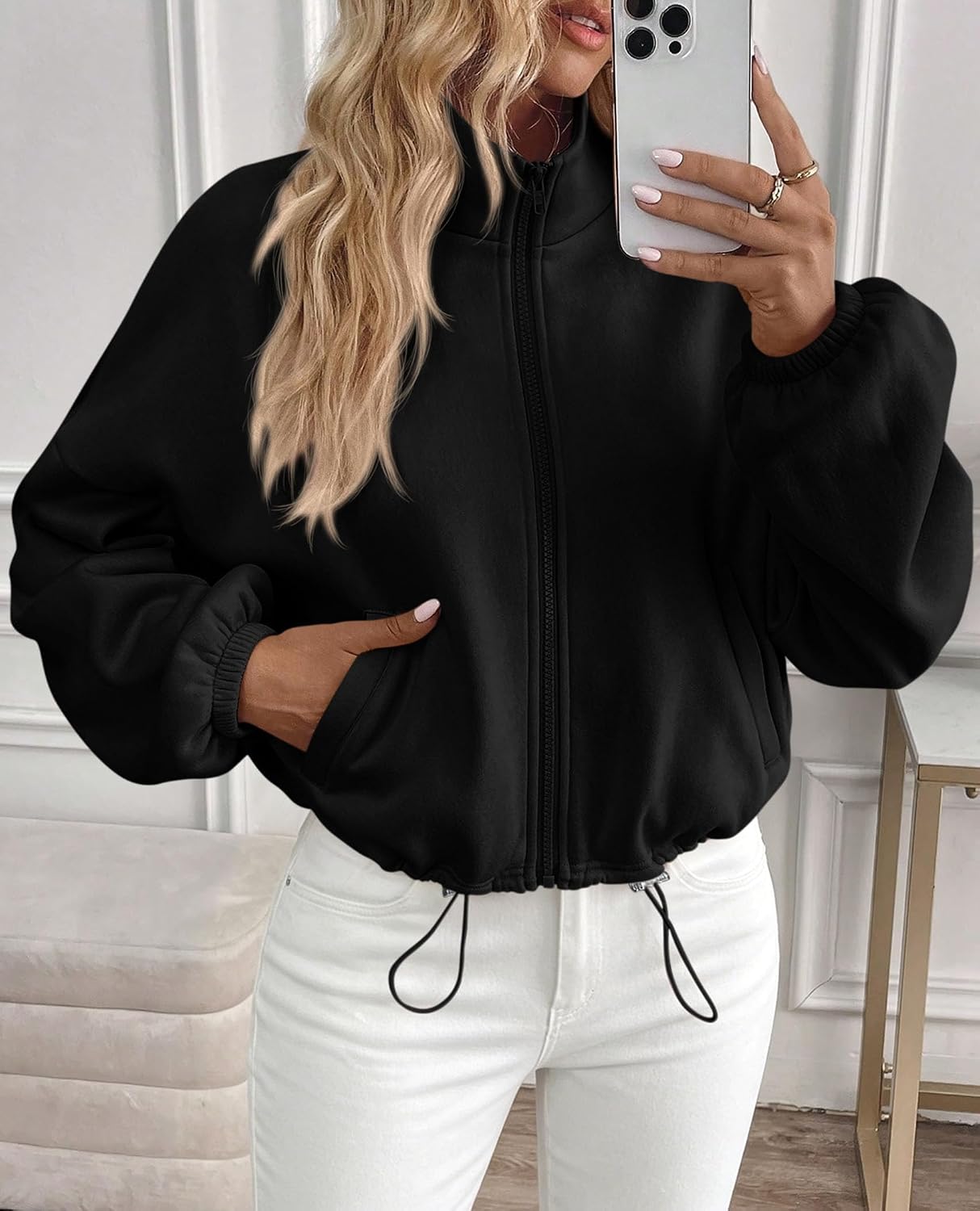 PRETTYGARDEN Women's Cropped Jacket Zip Up Fleece Sweatshirt Fall Outfits