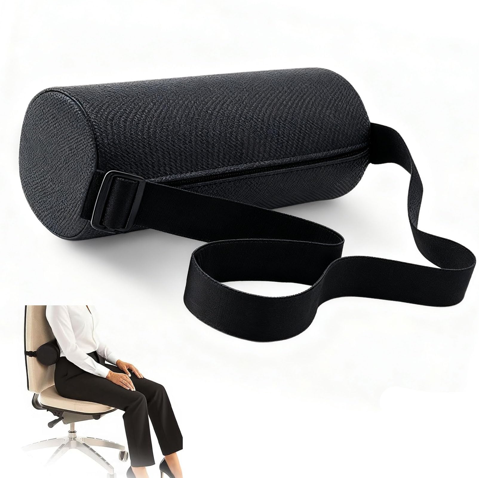 Cuscino Lombare con Cinghia Elastica Rimovibile & Fodera Lavabile, Cuscino Memory Foam Supporto Lombare Sedia Ufficio Inferiore 28x12cm, Rotolo Protezione Ergonomico per Auto, Casa, Viaggio (Nero)
