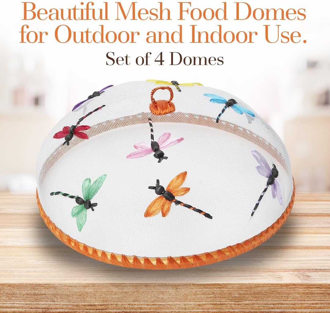 Woodard & Charles Round Mesh Food Covers with Dragonfly Design – Set of 4, 14" x 5.5", Reusable Outdoor Food Domes for Picnic & BBQ