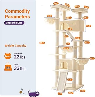 Allewie 81 Inches Tall Cat Tree/Multi-Level Large Climbing Tree House and Towers for Big Feline/Condo and Hammock/Scratching Post/Wide Base/Beige
