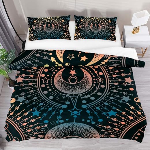 AISSO Washed Cotton Duvet Cover Set 3 Pcs Magical Star Moon Astrology Alchemy Bedding Sets Extra Long Twin Size Soft Comfort Quilt with 2 Pillowcases