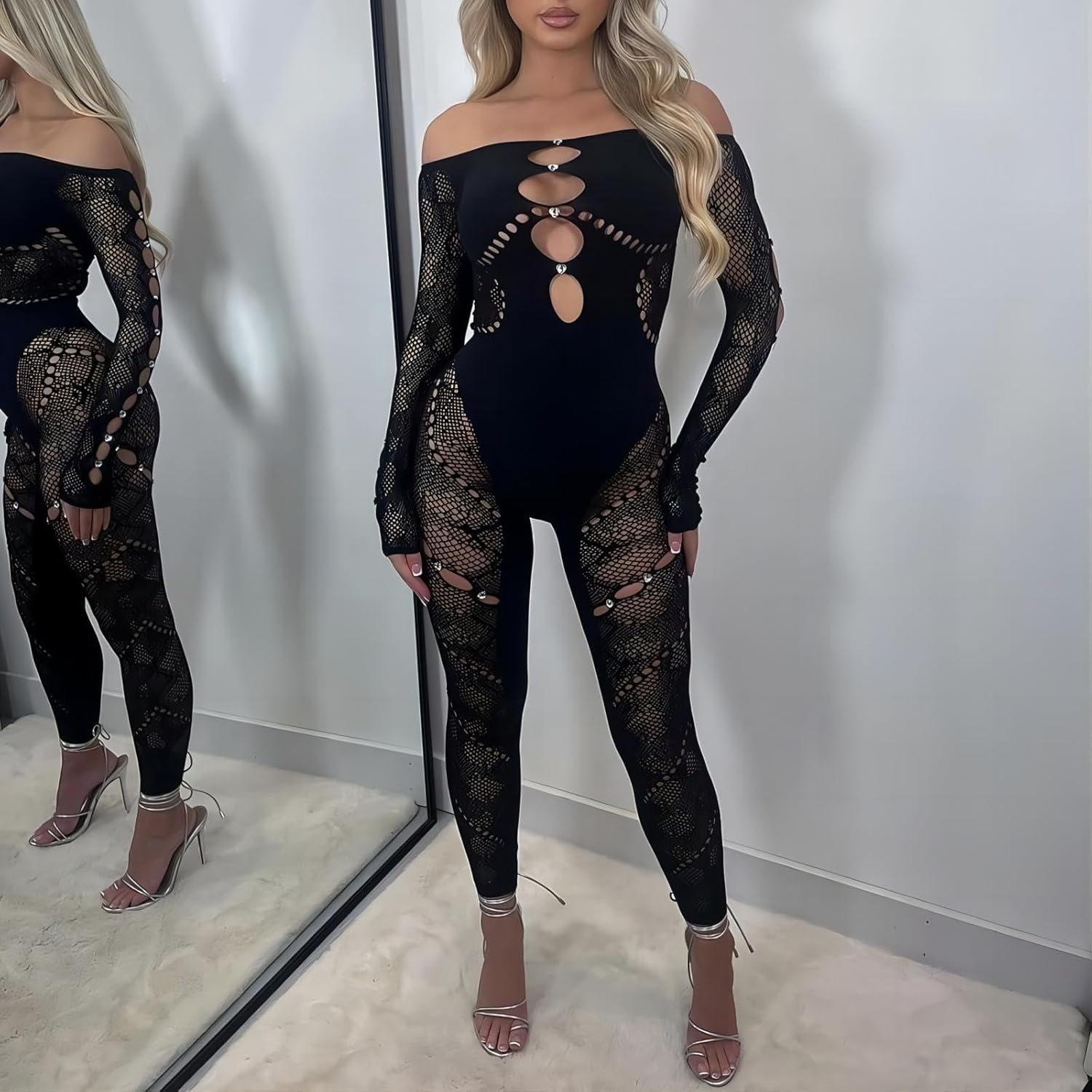 Women’s Sexy Mesh Rhinestone Jumpsuit Hollow Lace One Piece Bodysuit Long Sleeve Club Party Outfits - Image 5