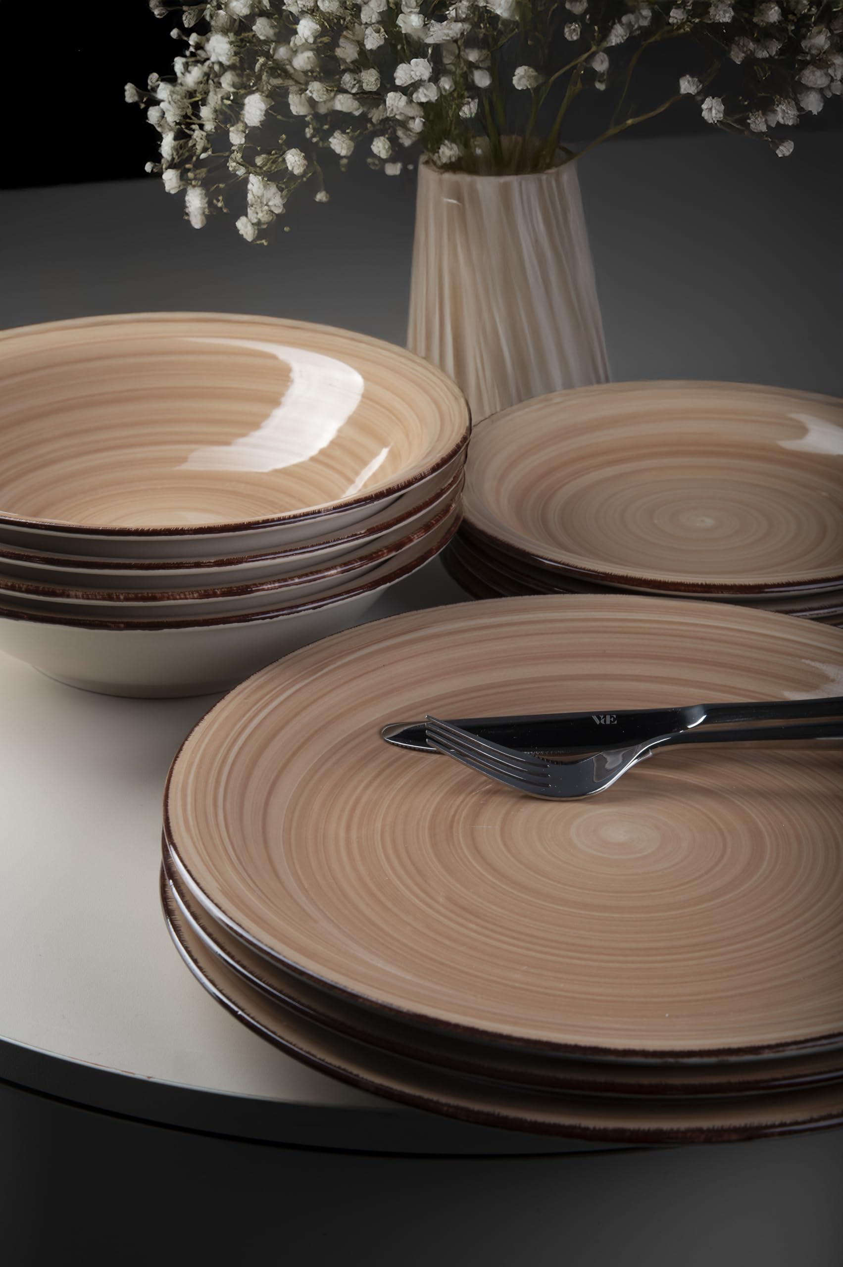 Lot de 6 assiettes creuses Ø 21,2 cm en grès peint à la main, terre cuite, 4 tons