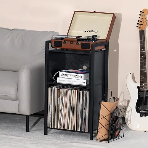 Miniatura 27 de YAHARBO Soporte para tocadiscos, soporte para discos de vinilo de 3 estantes con almacenamiento, soporte para discos blanco, soporte para tocadiscos
