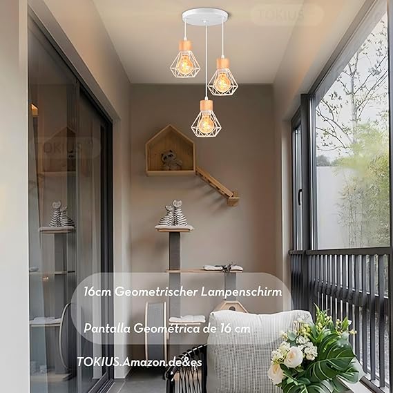 TOKIUS Vintage hanglamp met 3 lichtpunten, 16 cm, retro, kooi-design, wit, hanglamp van hout, ijzer, E27, plafondverlichting voor hal, slaapkamer, kroonluchter, 3 lampen photo 3
