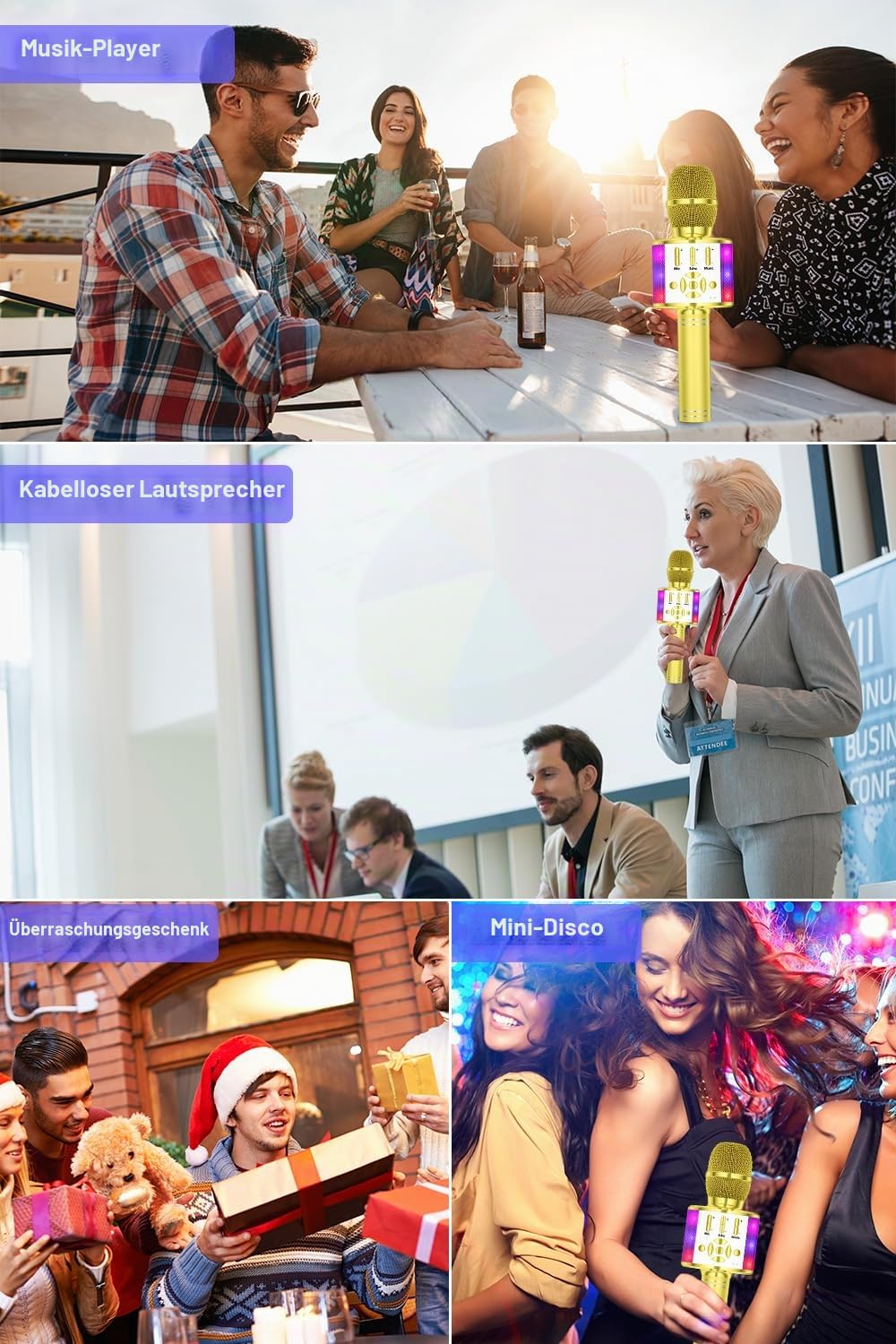 BONAOK Kabelloses Bluetooth-Mikrofon, Kindermikrofon mit LED-Lichtern, Mini-Karaoke-Maschine für Party/Zuhause/Geburtstag, kompatibel mit Bluetooth iOS Android (Gold)