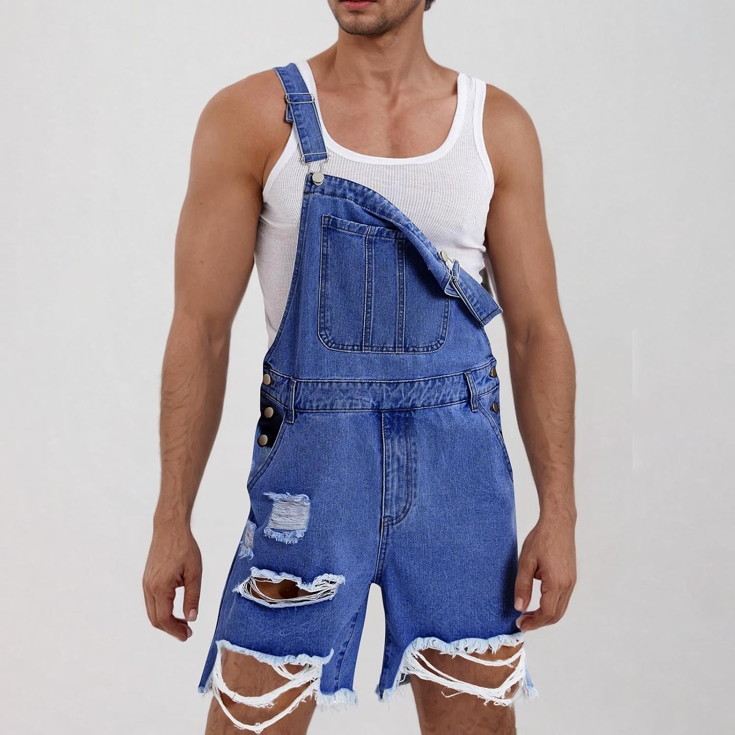Denim Overall Shorts for Men Casual Distressed Denim Romper Jean Short Overalls Loose Denim Jumpsuit Summer Outfits