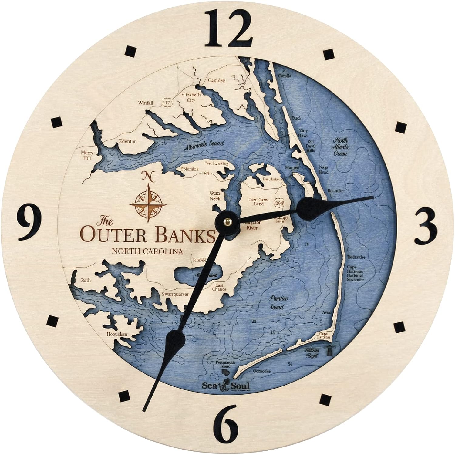 Sea & Soul Outer Banks 3-D Nautical Wood Chart 12" Wall Clock, Handcrafted in The USA, Topographic Water Map Clock, Carved Lake Art Wall Clock, Coastal Décor (Deep Blue)