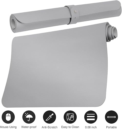 Miniatura 3 de Boutilon Tapete de cuero para escritorio de 24 x 14 pulgadas, tapete de escritorio de oficina, piel sintética impermeable, color gris