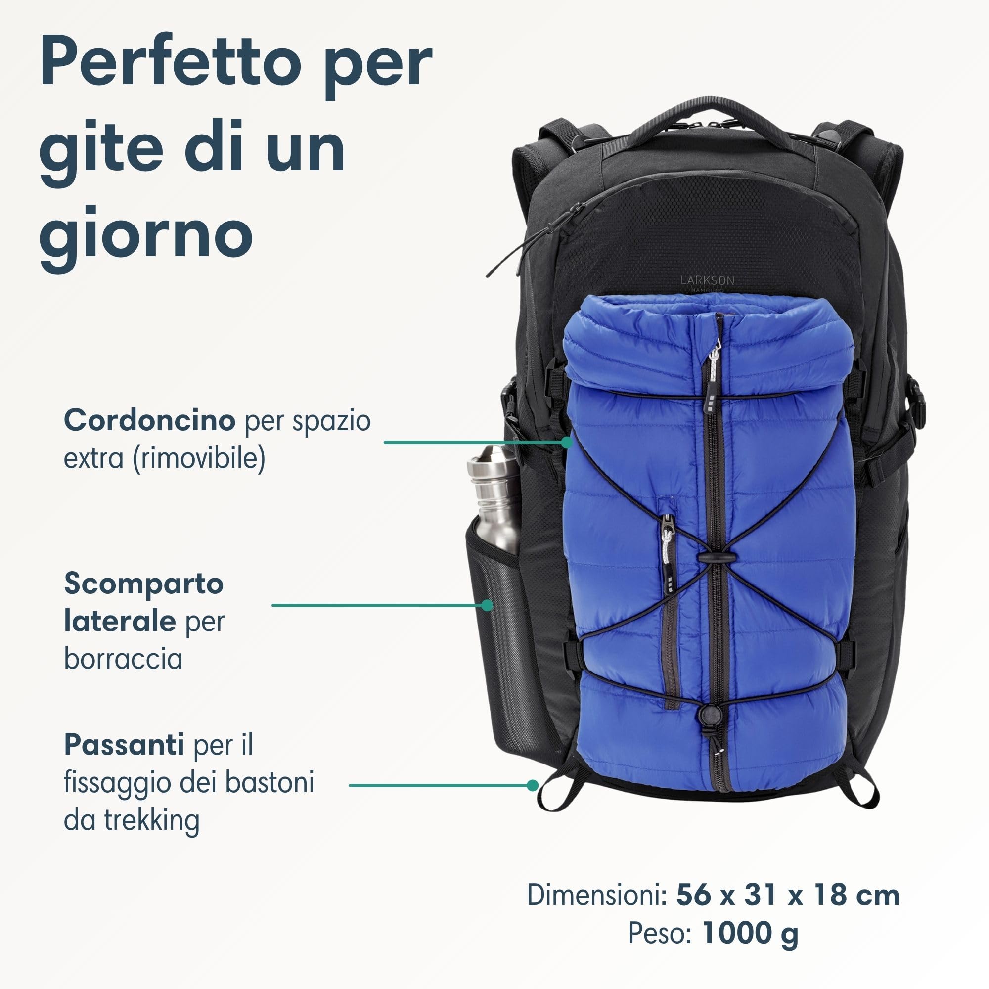 LARKSON Zaino da Escursionismo da Donna e Uomo - Klint Large - Zaino da Trekking 30 L - Escursionismo, Trekking, Campeggio, Arrampicata - Zaino da Giorno con Imbottitura in Rete