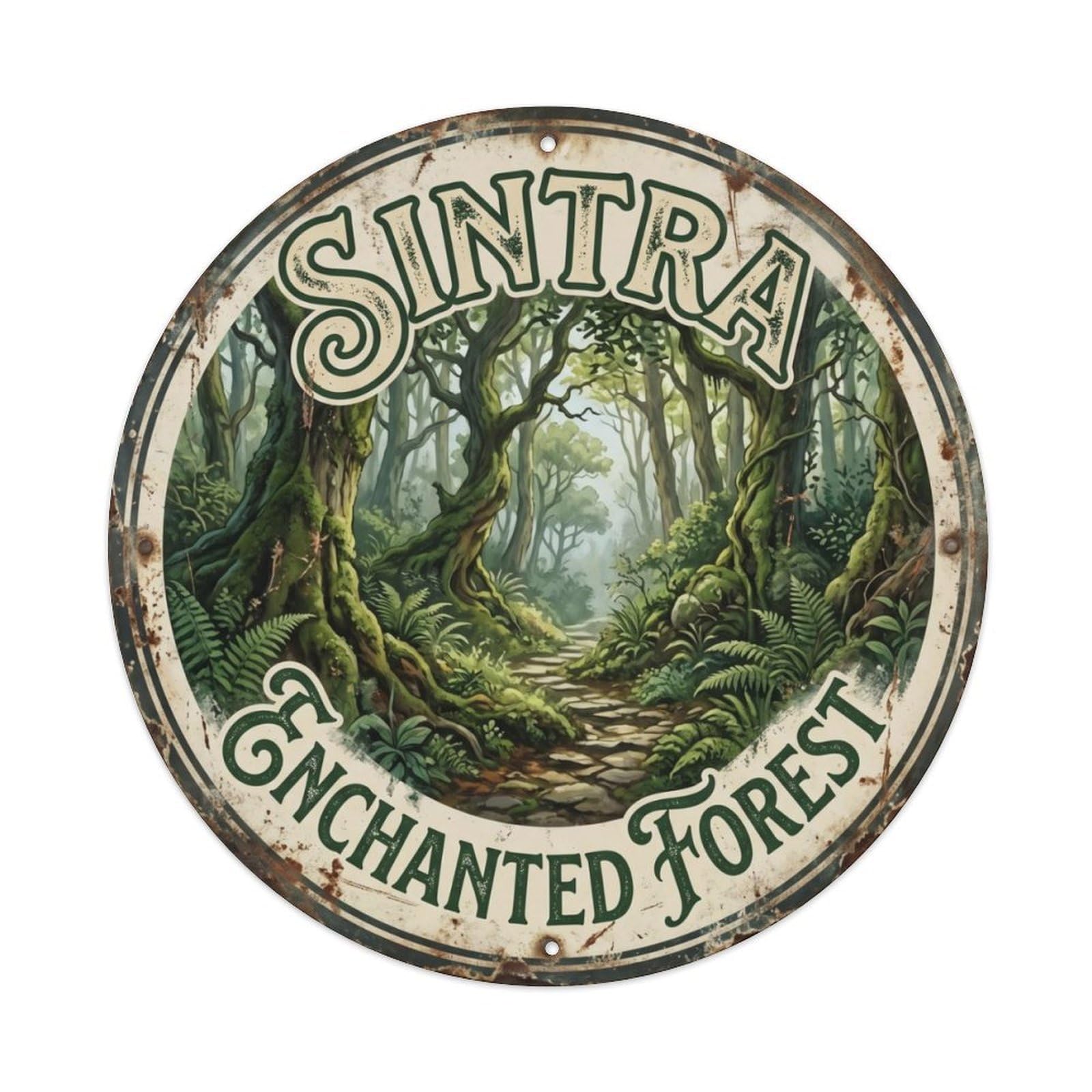 Vintage Travel Woodland Portugal Forest Metal Tin Sign Plaque Wall Decor for Cafe, Club, Garden Round Metal Poster 8x8Inch