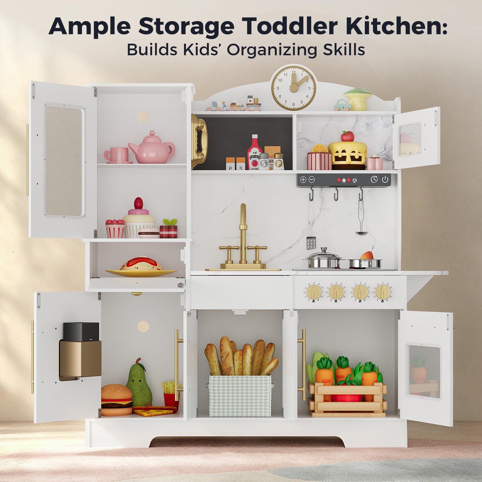 Cocina Juguete para Niños, Cocinita Infantil con Sonido Fogón Grifo Fregadero Microondas Reloj Máquina De Hielo y Accesorios De Cocina, Cocinita De Madera Infantil y 3 Años +, Educativo Imitación