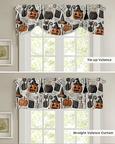 Miniatura 5 de Cenefas de cortina de Halloween para ventanas, calabaza con sombrero de bruja, cenefa de cortina para cocina, sala de estar, gato negro, retro