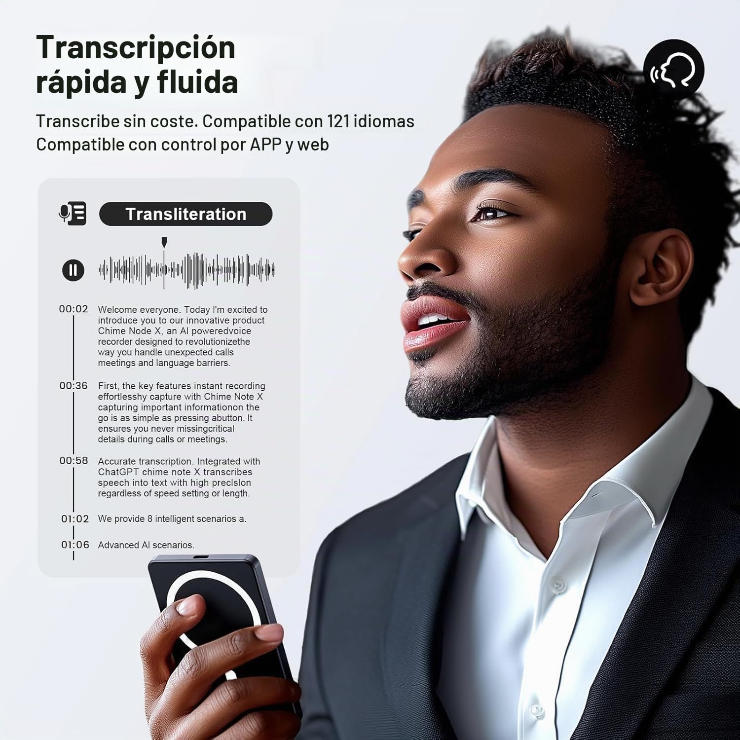 Grabadora de Voz AI 64GB de Memoria, AI Voice Recorder Transcripción Gratuita y Resumen de Chatgpt, Soporte para Traducción en Tiempo Real en 121 Idiomas, Soporte para App y Redes, Carga Inalámbrica