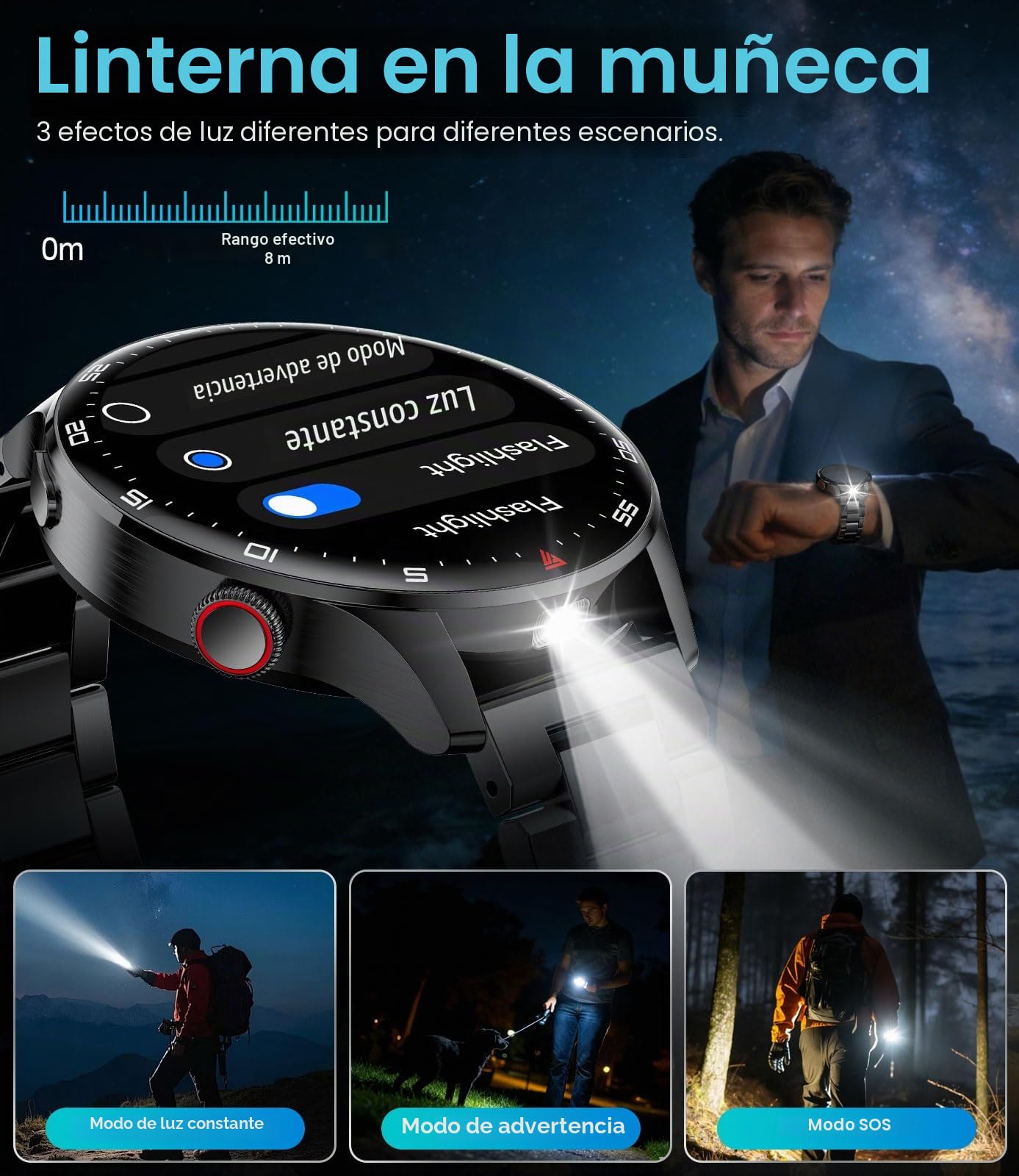 Reloj Inteligente Hombre, LIamadas Bluetooth, 1,7"Grande Smartwatch Hombre con Linterna LED/800 mAh/IP68, 100+ Modos Deportivos, Monitor de Frecuencia Cardíaca y Sueño, Android e iOS, Negro Silicona