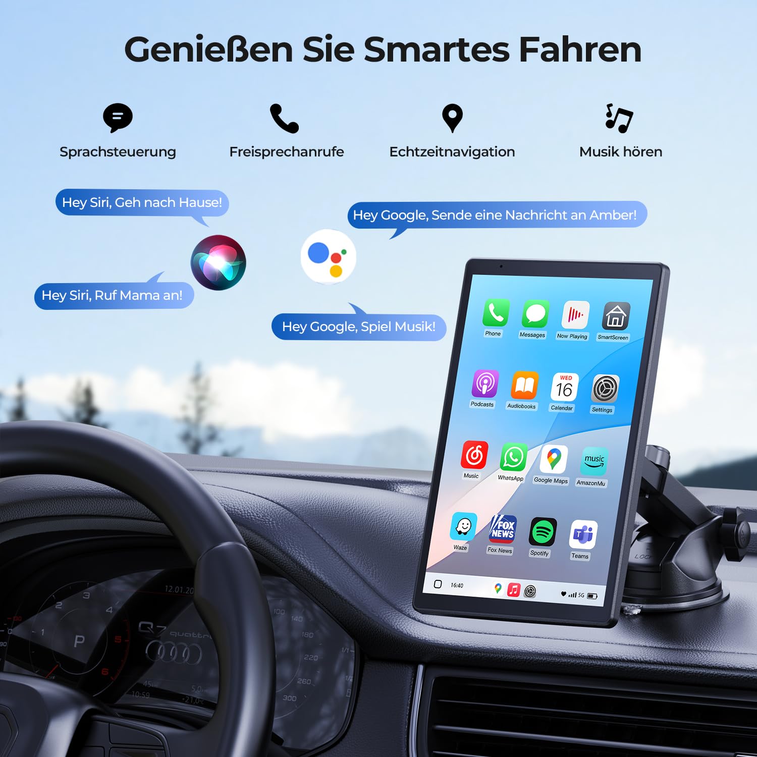 Tragbares Carplay Display 8 Zoll Apple CarPlay Android Auto 1440x900 HD Magnetische Halterung OTA-Updates Rückfahrkamera Bluetooth Sprachsteuerung GPS-Navigation