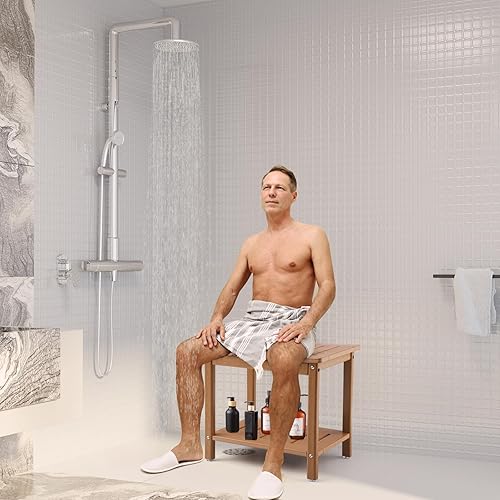 Miniatura 2 de Apolimi Banco de ducha HDPE, taburete de ducha con estante de almacenamiento, taburete de spa de 2 niveles para ducha interior, asiento de ducha