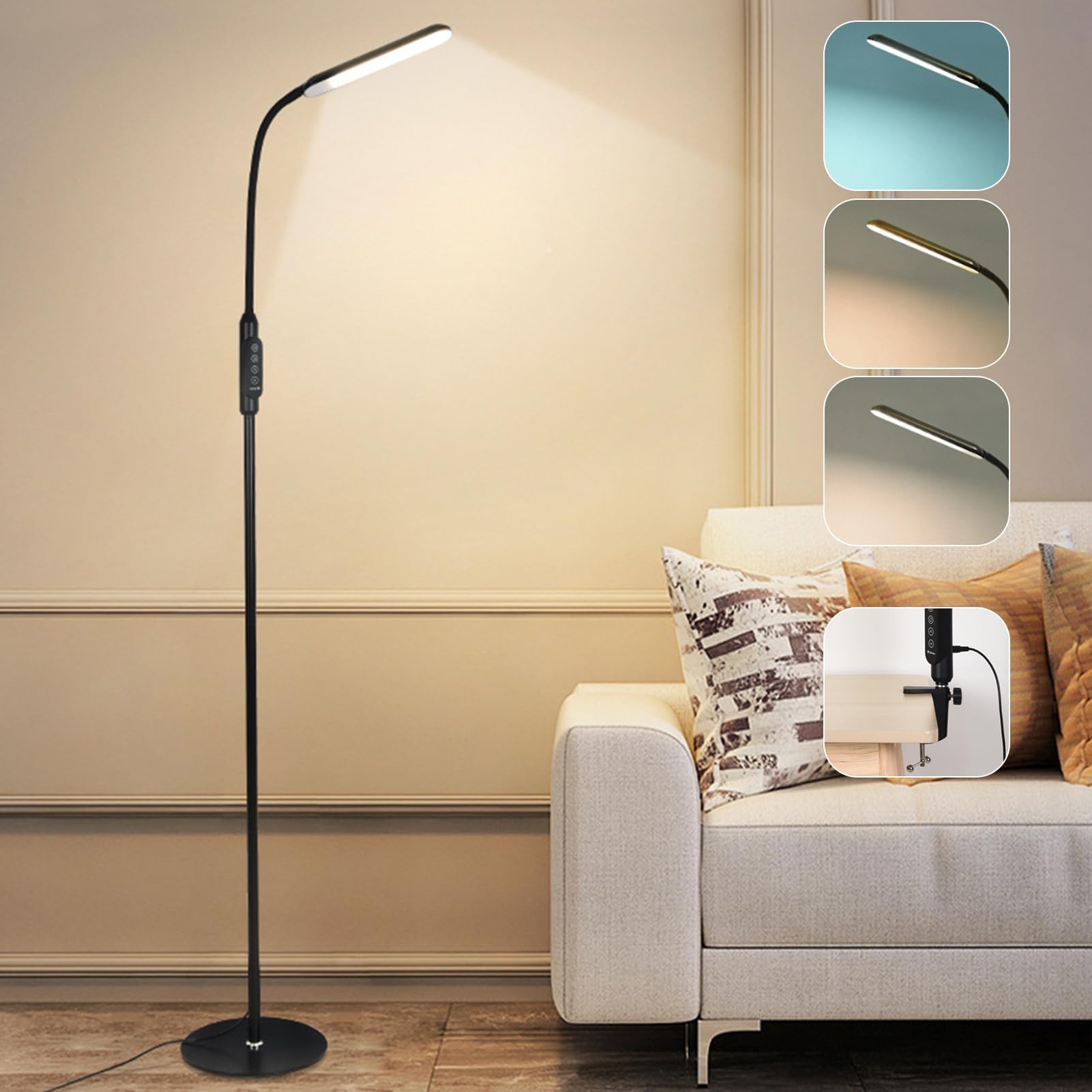 Beauenty Standing Floor Lamp, 3 Color Temperatures 12W Reading Lamps, Dimmable LED Floor Lamps for Living Room, Desk Lamp Mode Adjustable, European Plug (Black)