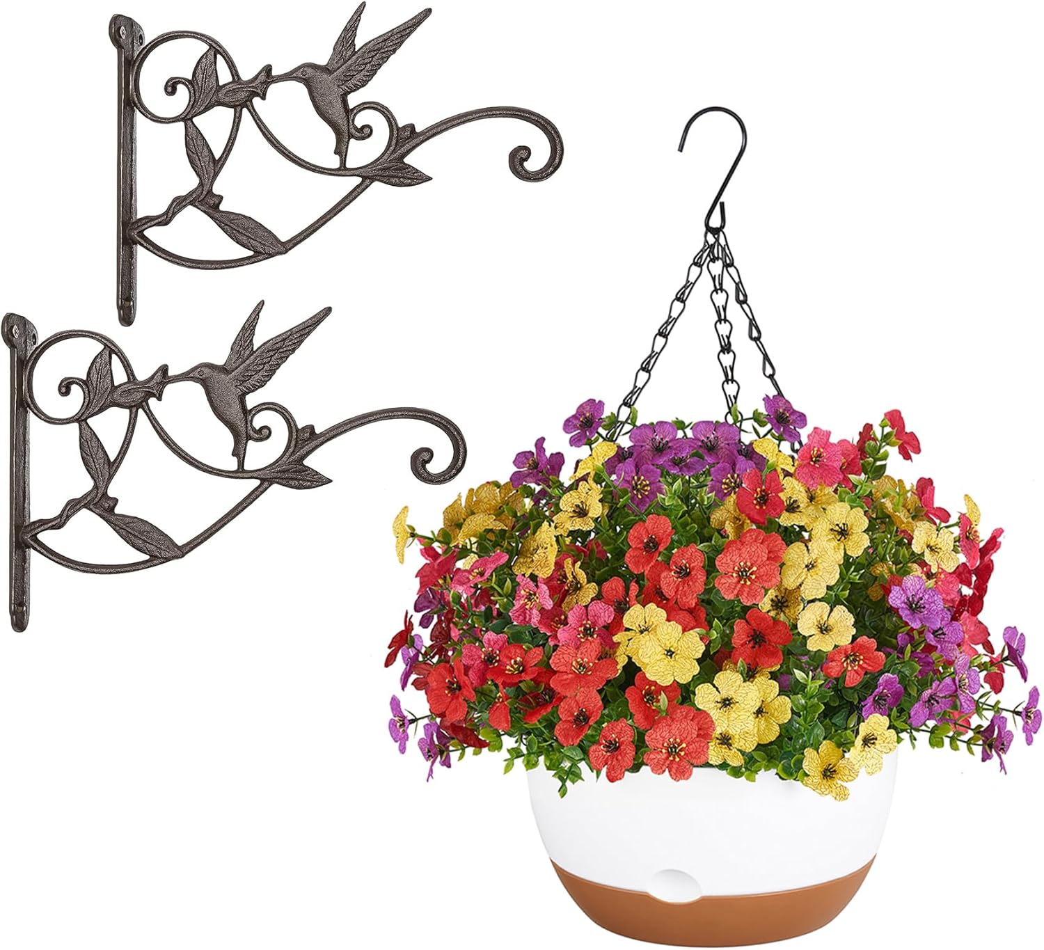 Mkono Hanging Plant Bracket Hook Iron Decorative Plant Hanger and Artificial Hanging Flowers for Outdoor Decor with 10 Inch Hanging Planters