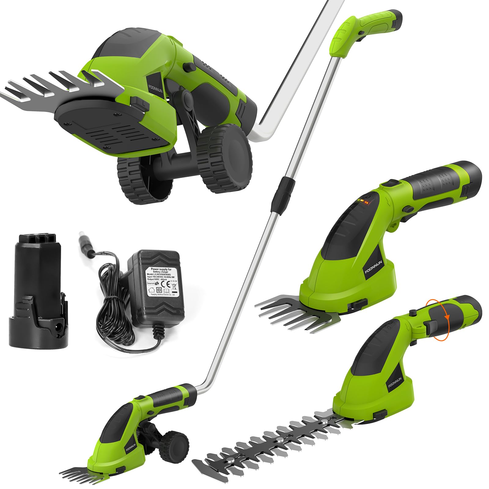 2 en 1 Tijera Cortacésped y Arreglasetos, FOONNUN Tijeras de Césped y Arbustos 7,2 V, Mango Giratorio de 180 °, Tijeras para Césped con Mango Telescópico y Ruedas, para Podar Césped, Arbustos y Setos