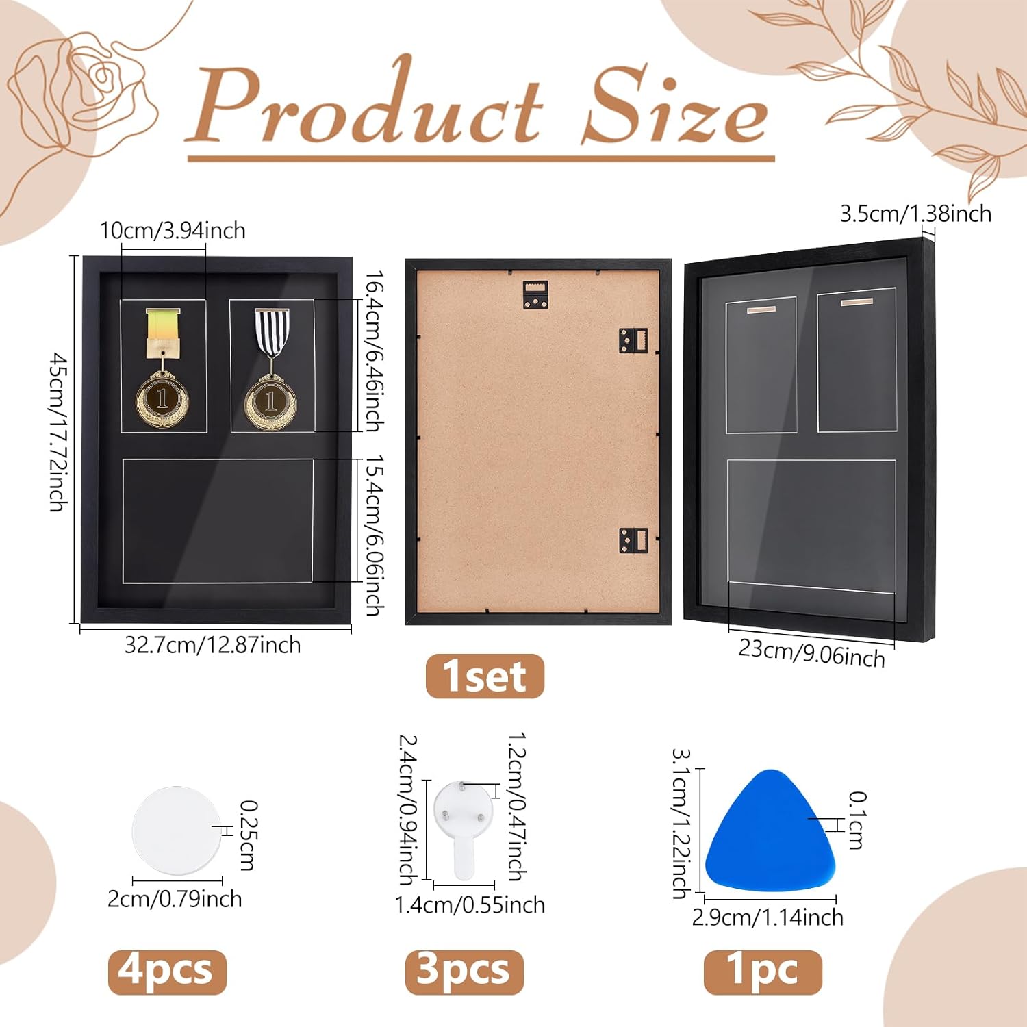 Medal Display Frame Shadow Box, 3 in 1 Shadow Box Display Wood Award Storage Boxes for Runners Race Bibs All Sport Winner Military Award(Black)