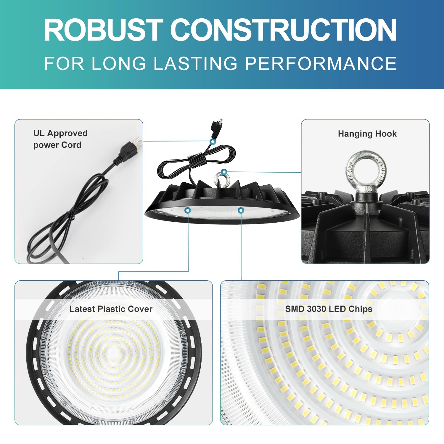 LIGHEART 300W UFO LED High Bay Light Fixture, High Bay LED Shop Lights 6000K with US Plug,IP65 Waterproof Commercial Bay Lighting for Warehouse Factory Barn Shop 10Pack