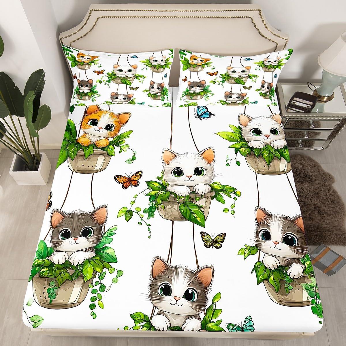 Erosebridal Funny Botanical Fitted Sheet Full Size,Green Potted Plant Bed Sheets,Spring Garden Floral Bedding Set,Retro Aesthetics Sheets Soft Breathable Bedroom Decor