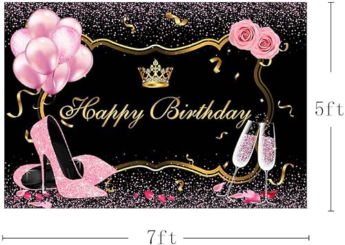 Miniatura 3 de MEHOFOND Fondo de fotos rosa y dorado negro, accesorios de fondo de fotos con purpurina de tacón alto, globos de champán, flores de rosa, corona,