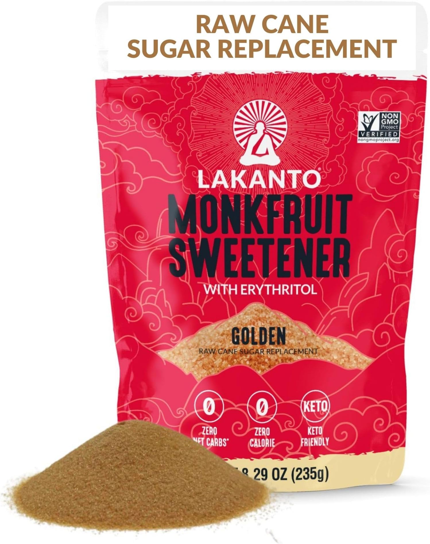 Lakanto Golden Monk Fruit Sweetener With Erythritol, Raw Cane Sugar Substitute From Monk Fruit Extract, Raw Sugar Replacement for Baking, Coffee & Tea, Gluten Free, Low Carb, Non GMO, Keto, 8.29 OZ