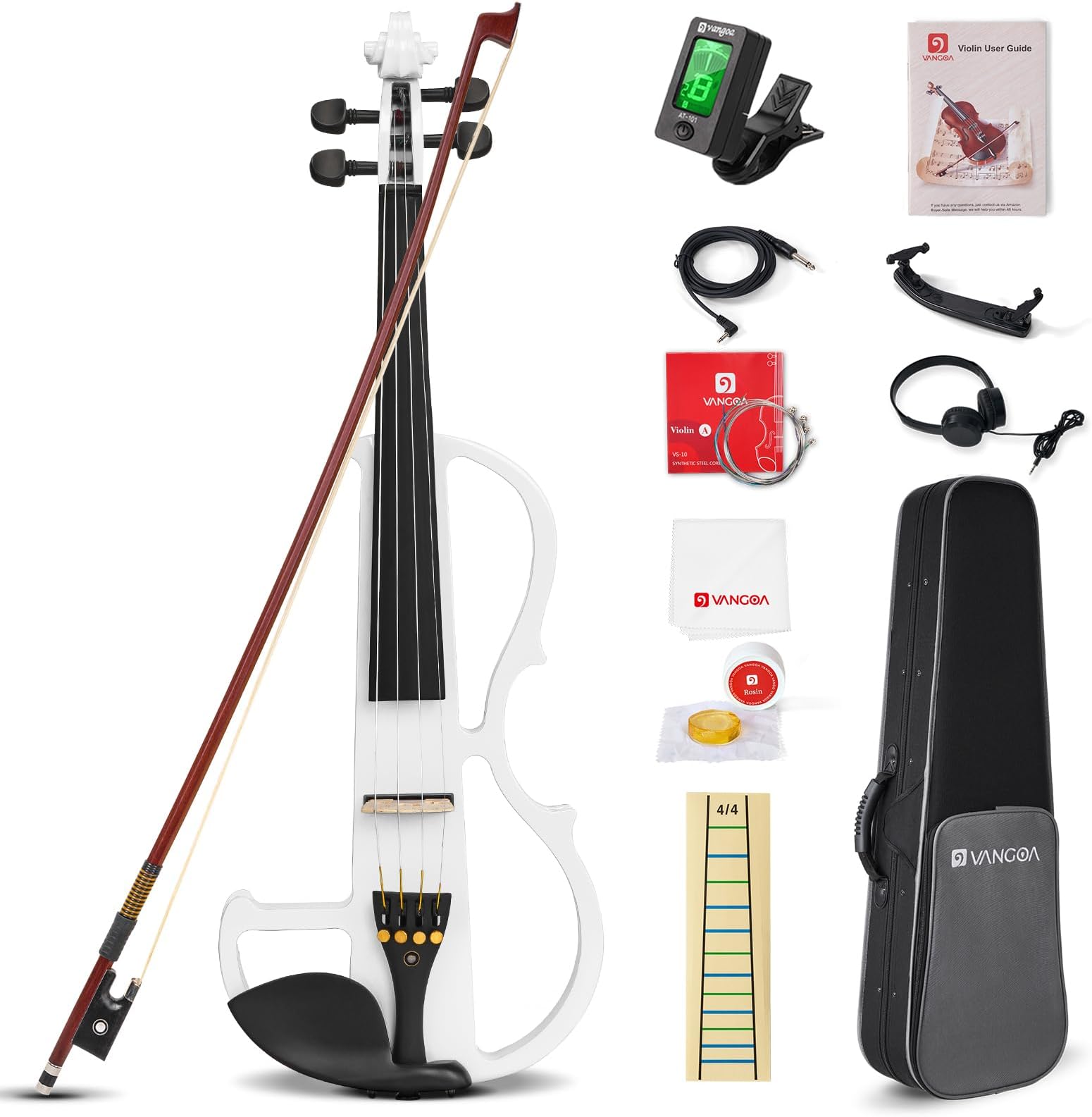 Full Size 4/4 Electric Violin Solid Wood Electronic Silent Violin Fiddle Set with Carrying Hard Case, Shoulder Rest, Extra Strings, Audio Cable, Rosin, Bow, White