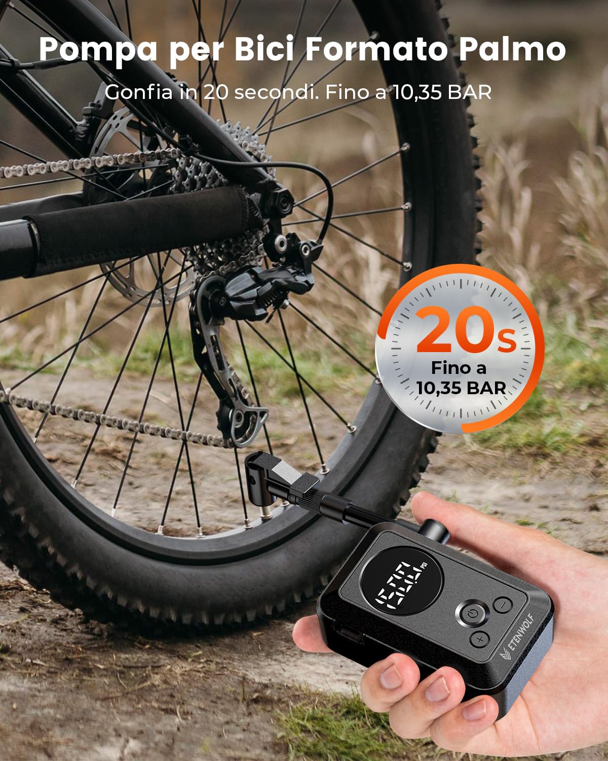ETENWOLF Mini pompe à vélo 10,34 Bar, gonfleur de pneus portable avec manomètre, arrêt automatique