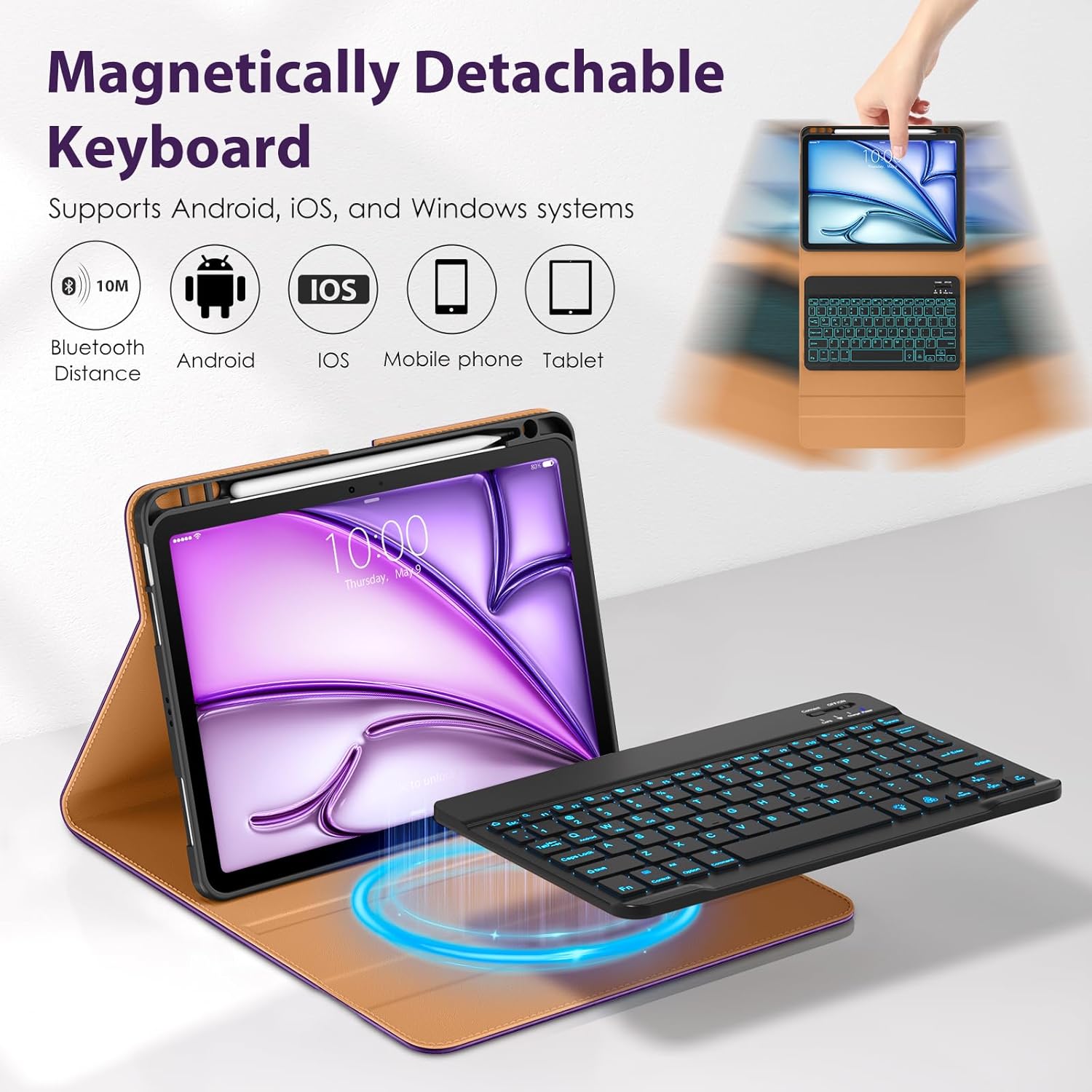 DTTO Keyboard Case for iPad Air 11 Inch M4/M3/M2 2026/2025/2024, iPad Air 5th/4th Gen 10.9-Inch, 7 Colors Backlit Wireless Detachable Folio Keyboard Cover with Pencil Holder & Pocket, Dark Purple