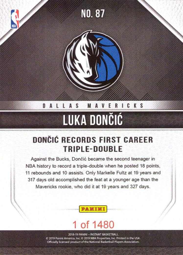 2018-19 Panini Instant Basketball #87 Luka Doncic Rookie Card - 1st Career Triple-Double - Only 1,480 made