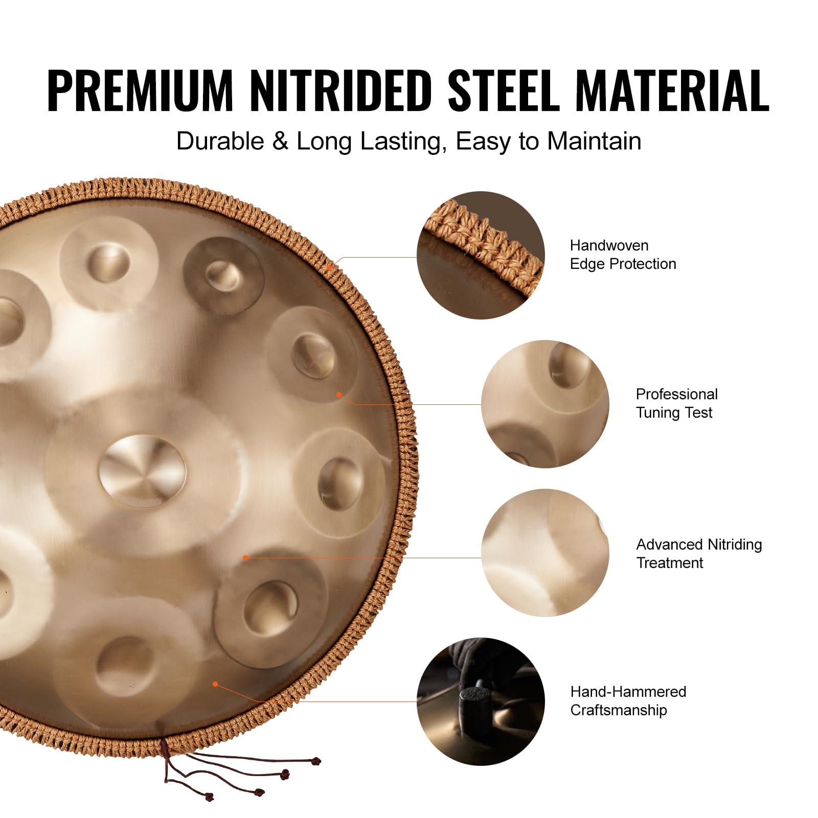 VEVOR Handpan Tamburo 550 mm, 10 Toni in Re Minore - Con Mazze, Supporto, 432 Hz Borsa per Trasporto - Strumento Sonoro Curativo per Adulti Principianti