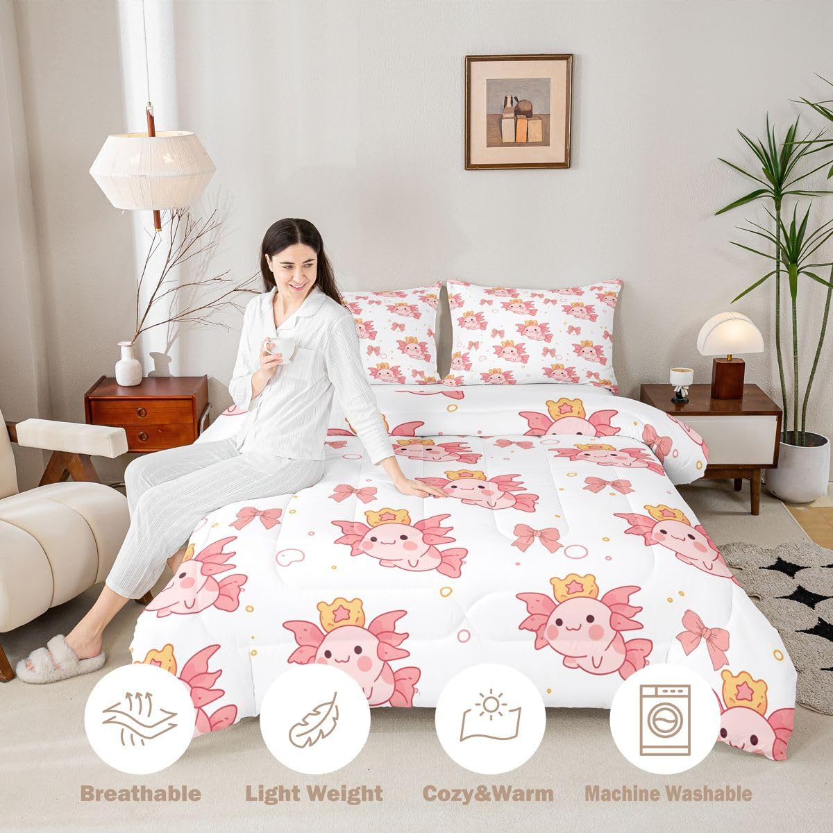 Homewish Kawaii Axolotl zestaw pościeli King Size - Axolotl zestaw pościeli do pływania, różowa kokarda, bąbelkowa kołdra, zwierzęta morskie, poszewka na kołdrę z 2 poszewkami na poduszki